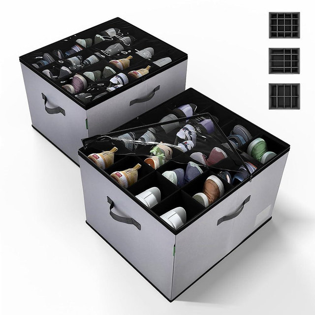 DeveHome 2 Pack Shoe Organizer for Closet, Foldable Fabric Shoe Storage Box with Adjustable Dividers and Clear Dustproof Cover, Large Collapsible Shoe Bins & Containers, Holds up to 32 Pairs, Gray