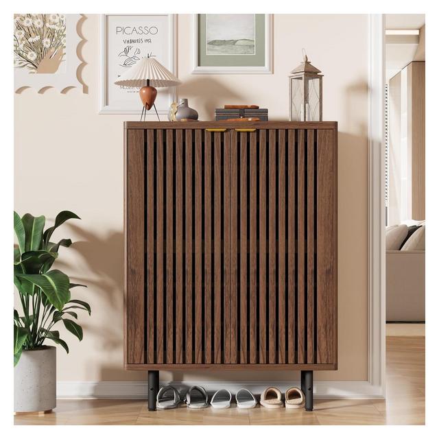 6-Tier Shoe Cabinet with Doors, Wooden Shoe Storage Cabinet Organizer, Louvered Doors
