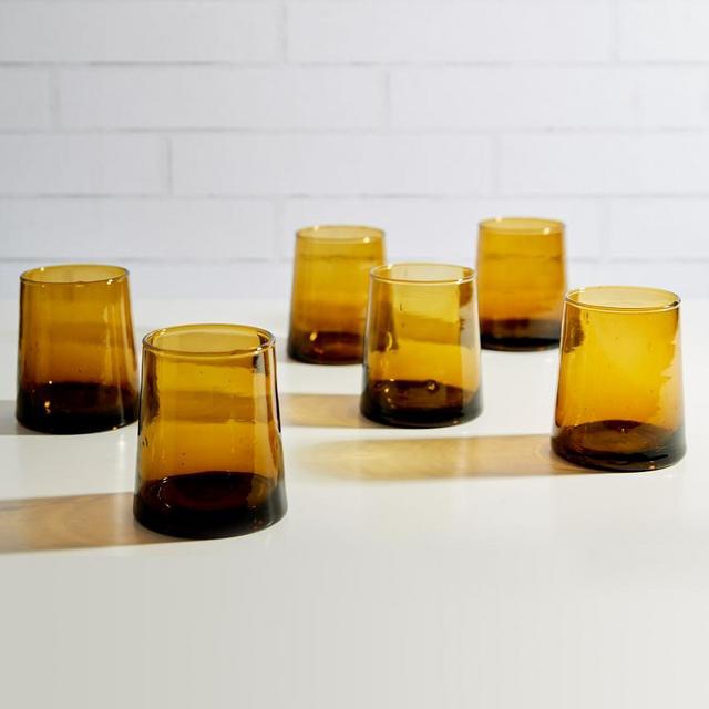 Moroccan Handcrafted Recycled Drinking Glasses, 8 Oz, Set of 6, Amber