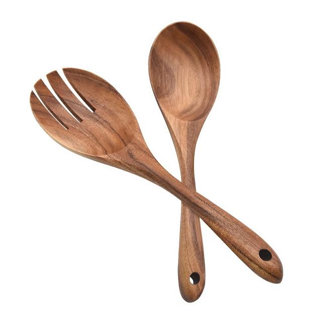 Salad Servers, Salad Tongs, 10.2in Salad Spoon and Fork Set, Durable Wood Salad Mixing Dinner Fork and Spoon Long Handle Salad Server Set Kitchen Cooking Utensil Cutlery Set