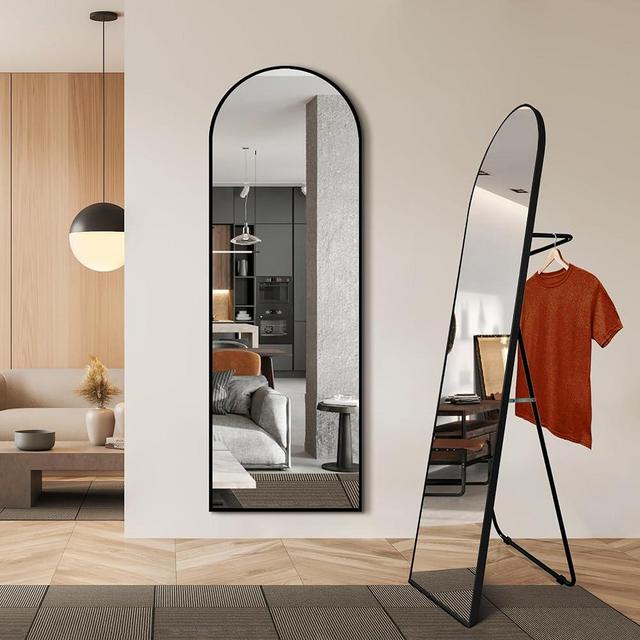 TRAHOME Arched Full Length Mirror with Foldable Clothes Rack,Large Floor Mirror with Aluminum Alloy Frame for Door Bedroom Bathroom Living Room (60x20-Black)