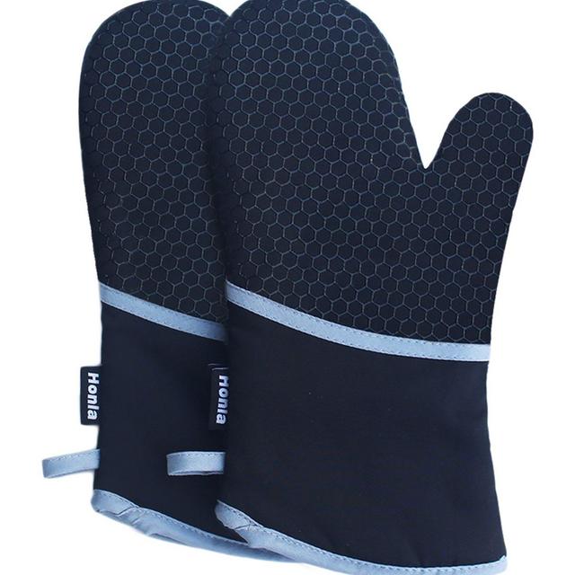 Kitchen Oven Mitts With Non-Slip Silicone Printed - 1 Pair of Heat Resistant Oven Gloves for Cooking,Baking,Grilling,Barbecue Potholders,Black,Honla