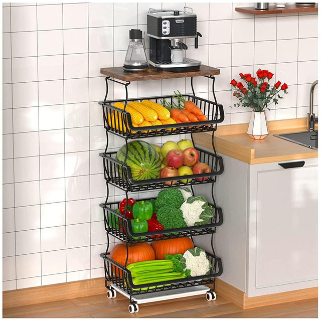 Gsiekare Fruit Vegetable Basket for Kitchen, 5 Tier Stackable Fruit Vegetable Storage Baskets with Wheels, Metal Wire Storage Basket Organizer Cart for Kitchen, Pantry, Bathroom
