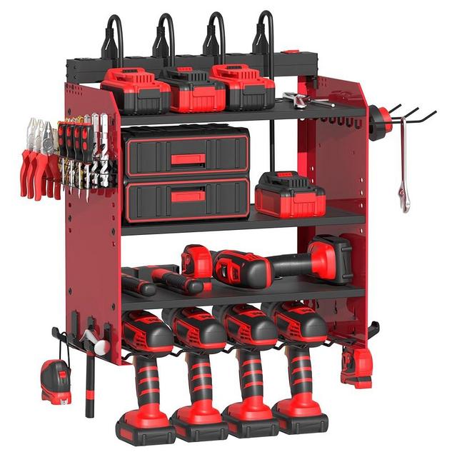 Power Tool Organizer with Charging Station, Wall Mount Garage Storage Rack with Cordless Tool Holder, Drill Bit Heavy Duty Rack with 8 Outlet Power Strip and Hooks, Gift for Men, Husband (4 Layer)