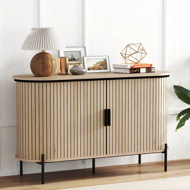 Bestier Mid-Century Modern Side Table with Sliding Slat Doors, Spacious Storage and Solid Metal Legs