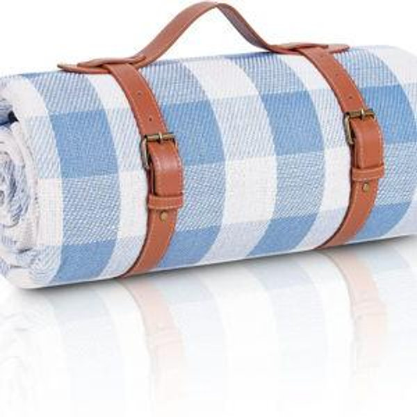 White & Blue Grids sapsisel 80”x 80” Picnic Blanket Extra Large, Waterproof and Foldable Beach Blanket, 3-Layer Outdoor Blanket for 6 to 8 Adults, for Camping, Park, Beach, Grass, Indoors…