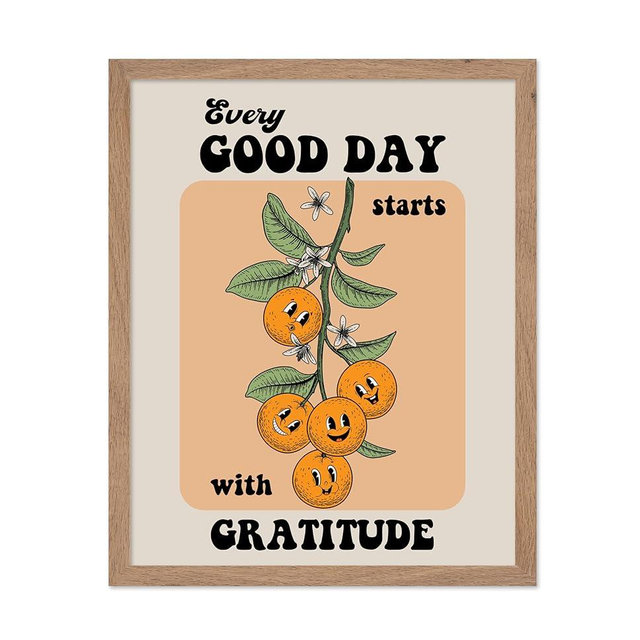 Poster Master Every Good Day Starts With Gratitude Poster - Retro Oranges Print - Floral Art - Positive Affirmation Art - Trendy Art - Boho Art - Kitchen or Dining Room Decor, 16x20 Beige Framed