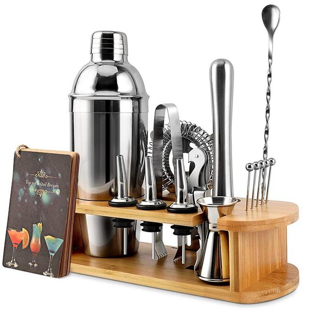 Cocktail Shaker Set, EPTISON 16-Piece Stainless Steel Bartender Kit with Stylish Bamboo Stand & Cocktail Recipes Booklet, Professional Bar Tools for Drink Mixing, Home, Bar, Parties