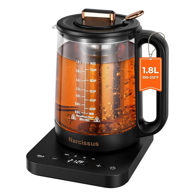 Narcissus Electric Kettle Temperature Control ±5℉, 1.8L Glass Electric Tea Kettle with Removable Infuser for Flowers & Fruit Tea, 1200W Fast Boiling, 6 Hours Keep Warming, Black