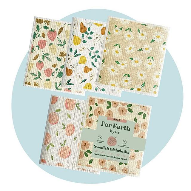 FEBU Swedish Dishcloths for Kitchen | 5 Pack Faded Summer Dish Towels | Cellulose Sponge Cloths | Non-Scratch Reusable Paper Towels Washable | No Odor, Biodegradable, Swedish Cloths