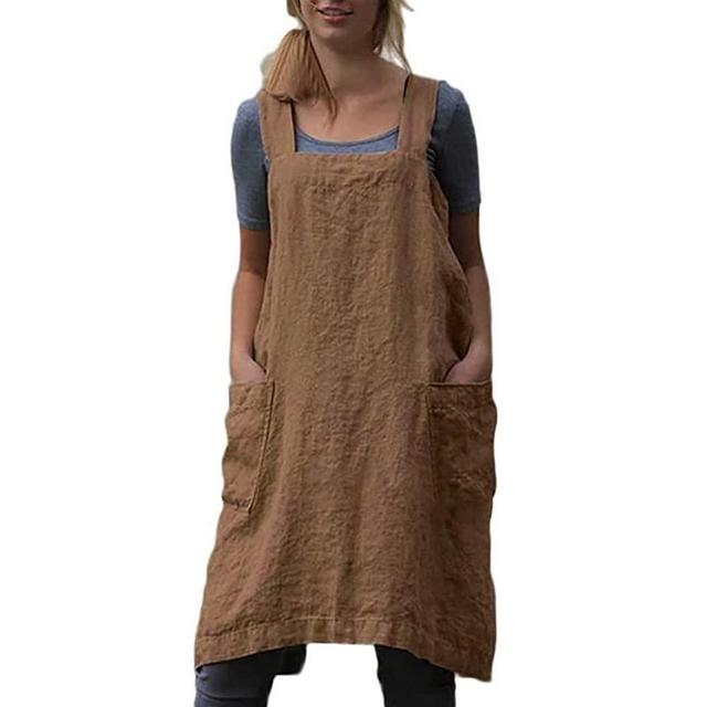 Cotton Linen Apron for women Cross Back Apron Pinafore Dress for Baking Cooking Gardening Work