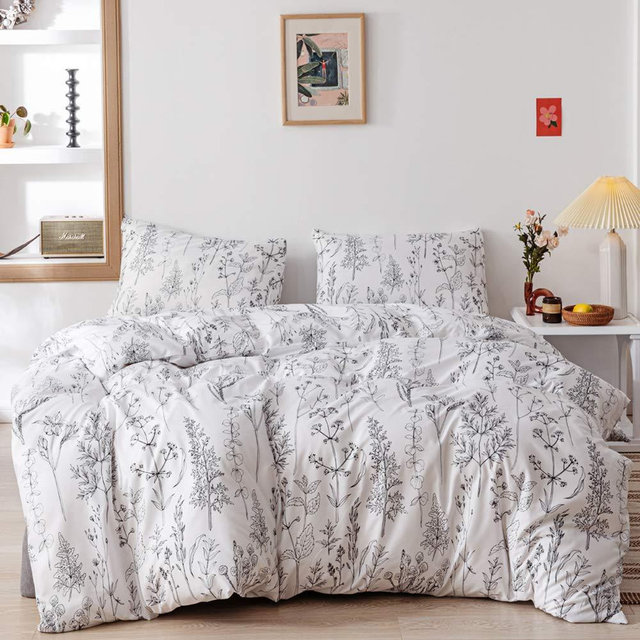 3 Pieces White Duvet Cover Queen, Microfiber Soft Plant Floral Duvet Cover Home Bedding Set with Zipper Closure & 2 Pillow Shams