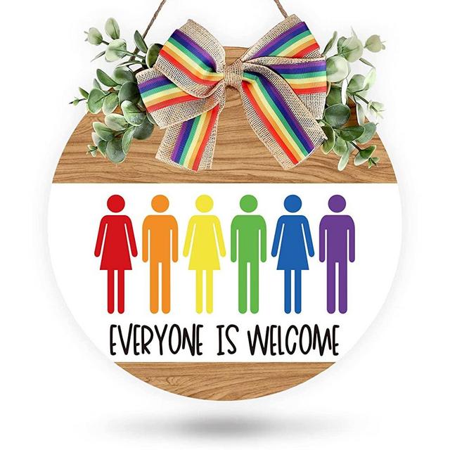 Whaline Rainbow Wooden Hanging Sign Gay Pride Everyone is Welcome Door Sign Decoration LGBTQ Wood Wreath Sign Door Hanger with Bow for Lesbian Pride Parade Day Indoor Outdoor Home Shop Farmhouse