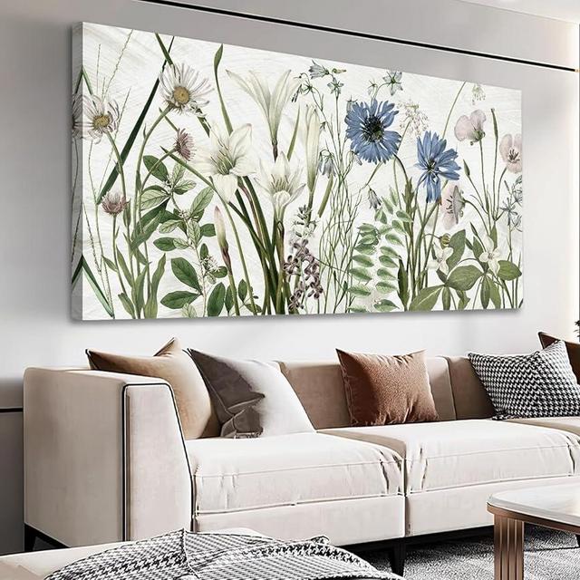 NINEASO Botanical Canvas Wall Art - Wildflower Pictures Floral Wall Decor Nature Prints Green Blue Flower Plants Painting Artwork for Living Room Bedroom Home Office Decorations 20" x 40"