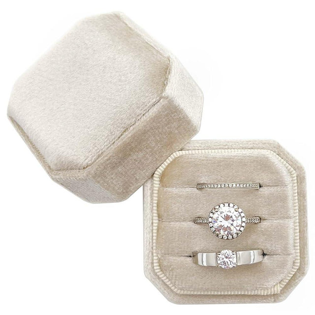 Beatilog Velvet Ring Box 3 Slots - Octagon Premium Velvet Ring Holder Handmade Three Rings Bearer for Wedding Day Ceremony, Proposal, Engagement, Christmas, Photography (Beige)