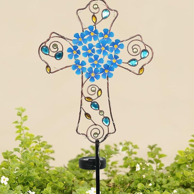 Putuo Decor Solar Cross Garden Stake Light Decorations Cemetery Decorations for Grave Outdoor Indoor Home Garden Doors Christian Memorial Garden Lawn Yard Patio Blue Flower