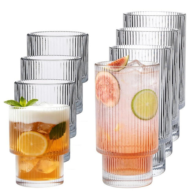 Elitrivox Drinking Glasses Set of 8, 16oz Glass Cups & 7oz Glasses Drinking Set, Stackable Drinkware Set, Vintage Glassware for Iced Coffee, Whiskey, Juice, Cocktail
