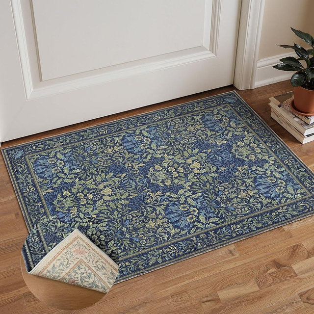 GENIMO Washable Small Reversible Rug 2x3, Low-Pile Non-Slip Kitchen Mat, Small Entryway Rug for Front Door Entrance, Hallway, Bathroom, Vintage Boho Floral Indoor Decor, Beige/Navy