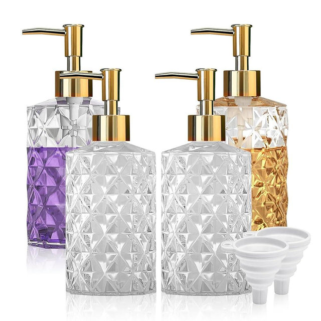 4 Pack Glass Soap Dispenser, 330ml/12oz Clear Glass Lotion Soap Dispenser with Gold Pump, Crystal Design Reusable Hand Soap Dispenser for Kitchen Dish Soap, Shower Gel, Shampoo