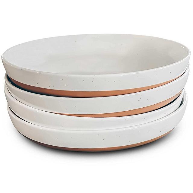Mora Ceramic Flat Pasta Bowl Set of 4 - 35oz, Microwave Safe Plate with High Edge - Modern Porcelain Dinnerware for Kitchen and Eating, Large Wide Bowls/Plates for Serving Dinner, Salad, etc- Vanilla
