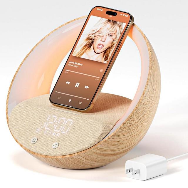 FUNFOR Bluetooth Alarm Clock, Sunrise Simulation Wake Up Night Light, 15W Fast Wireless Charging Alarm Clock for Bedroom, 10W Bluetooth Stereo Sound Speaker, USB Charger Port