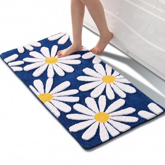 QJHOMO Navy Blue Bathroom Rugs Cute Daisy Bath Mat White and Yellow Flower Decor Rug Non Slip Floor Carpet Microfiber Bathmat Super Absorbent Machine Washable Bathtub Mats for Shower (24x48 inch)