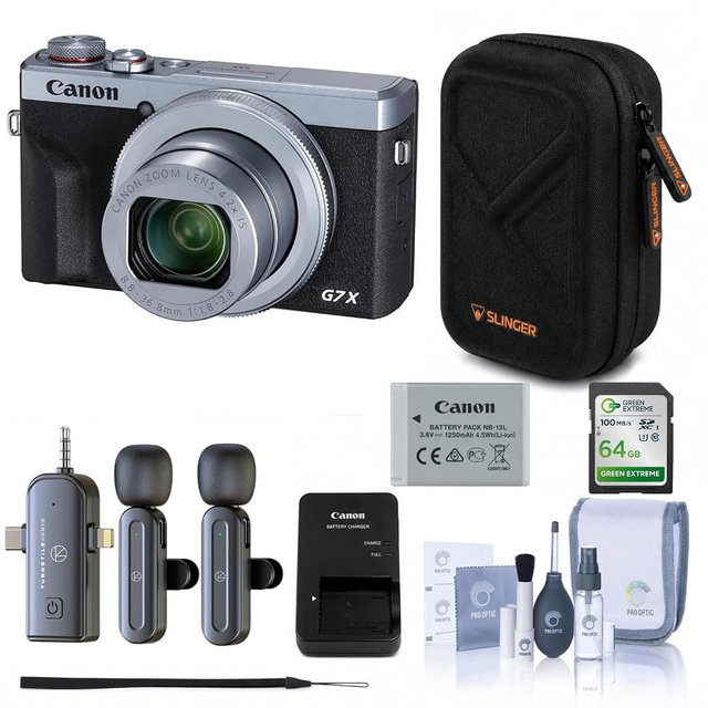 Canon PowerShot G7 X Mark III Digital Camera Bundle with 64GB SD Card, Wireless Lavalier Microphone System, Hardshell Camera Case, Card Reader & Cleaning Kit (Silver)