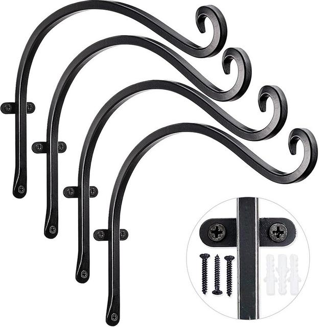 AJART Hanging Plant Hanger Outdoor: 12-Inch Metal Bird Feeder Wall Hooks - 4 Pieces Black Plant Bracket Hook for Hanging Flower Baskets