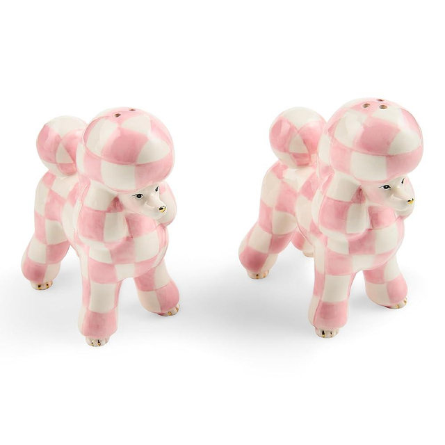 MACKENZIE-CHILDS Decorative Salt and Pepper Shaker Set, Ceramic Salt and Pepper Holders, Pink-and-White Rosy Check Poodle