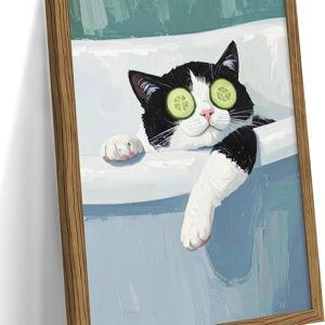 Framed Tuxedo Cat Canvas Wall Art, Bathroom Pictures Wall Decor, Funny Cat in Bath Poster Print, Modern Dark Humor Animal Painting Artwork for Bathroom Apartment Home Aesthetics – 8x10 inch