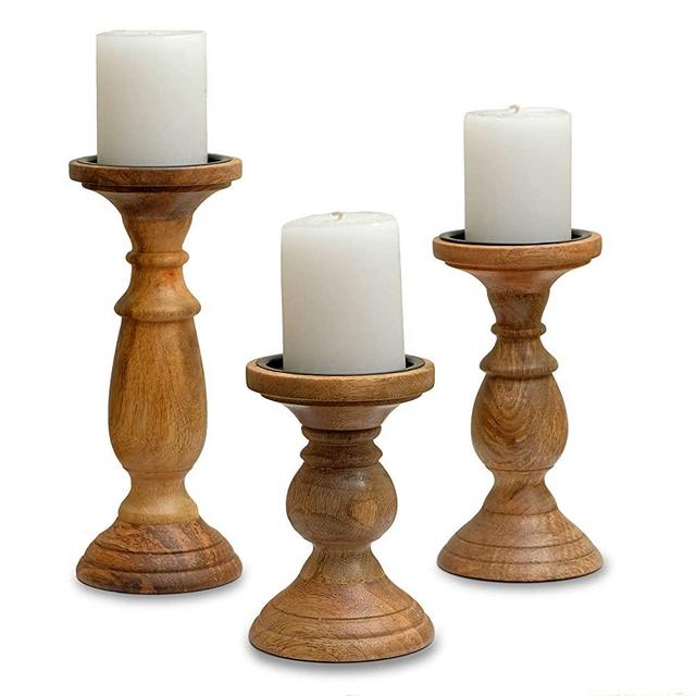 Pillar Candle Holders Set of 3, Tall Candle Holders Table Centerpiece, Rustic Candle Holders Pillar Decor for Fireplace Mantel, Candle Holders for Pillar Candles and Flameless LED Candles (Brown)