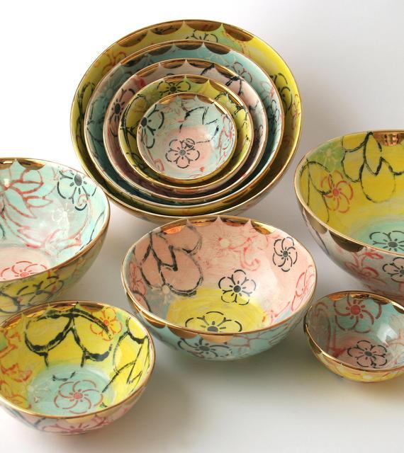 Handmade Ceramic Nesting Bowl set of 5 in Lotus Garden