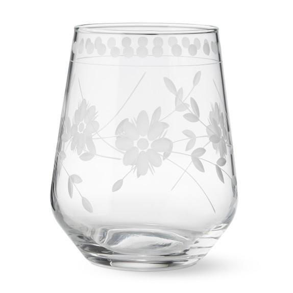 Vintage Etched Stemless Wine Glasses - Set of 4