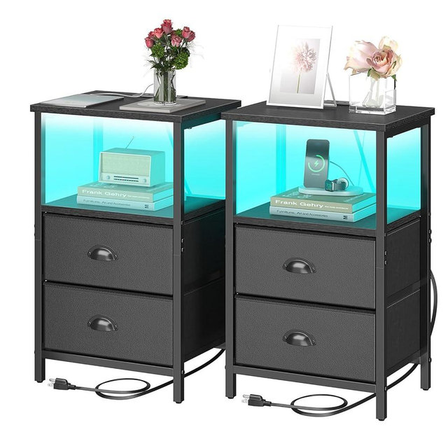 sthmec Nightstand with Charging Station, LED Night Stand Set 2, Bedside Table End Table Set of 2, Bedroom Table with 2 Fabric Drawers PU Finish, 3-Tier Storage Side Table for Bedroom,Black