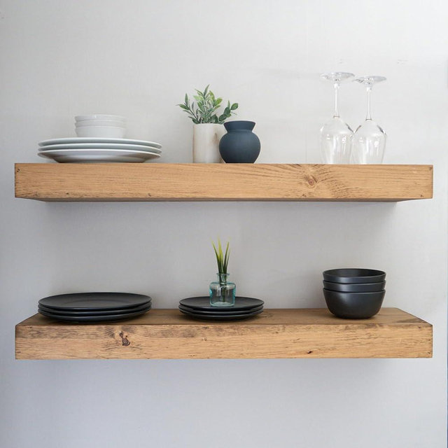 Urbandi Modern Floating Shelves 3 Inches Thick for Wall, Wide Shelves for Kitchen, Living Room, Bedroom, and Bathroom, Natural Pine Wood, Rustic Wooden Shelf, (Set of 2) (Aged Oak, 36Lx3Hx6D)