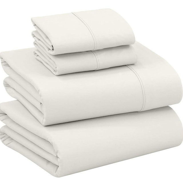 RUVANTI 100% Cotton Sheets for Queen Size Bed - Crispy Cooling Percale Sheets - Breathable & Durable Queen Sheet Set - Deep Pocket 16 Inches (Fits up to 18") - Ivory - 4 Pieces