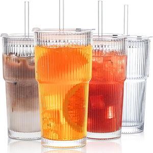 INSETLAN 20 oz Ribbed Glass Tumblers with Lids and Glass Straws – 4-Piece Glassware Set, Thickened Wall, Ideal for Iced Coffee, Smoothies, Cocktails, and Juices – Elegant and Durable Drinkware