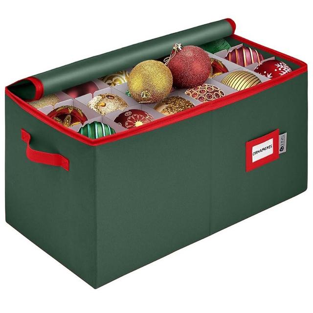 Christmas Ornament Storage Container with Dividers - Box Stores Up to 54-4" Ornaments, Zippered, Convenient, Adjustable, Large Organizer Bin to Protect and Store Holiday Décor, Red with Green Trim