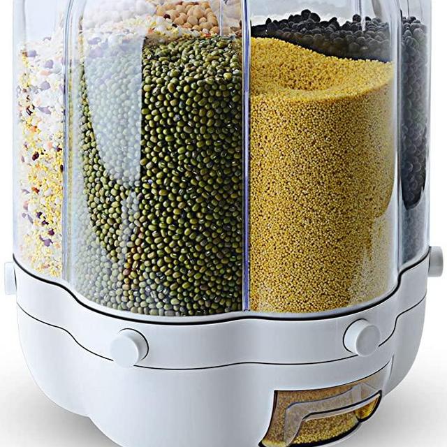 WOWFUNNY Grain Dispenser, 11 Qt Rotating Rice Dispenser Storage Container, 6-Compartment Dry Food Dispenser with Measuring Cup, Food Storage Containers for Kitchen Small Grains, Beans, Rice (11Qt)