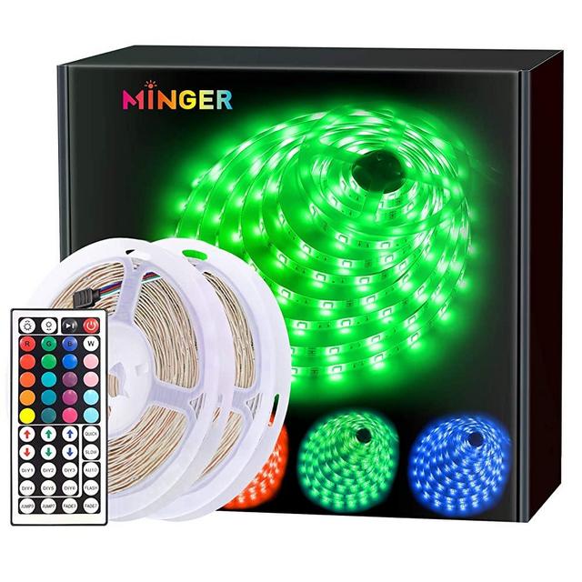 MINGER LED Strip Lights Kit 32.8ft, RGB Color Changing LED Lights for Room, Bedroom, Home, Kitchen Cabinet, Party Decoration, with IR Remote, 5050 LEDs, DIY Mode, Non-Waterproof (2 Rolls of 16.4ft)