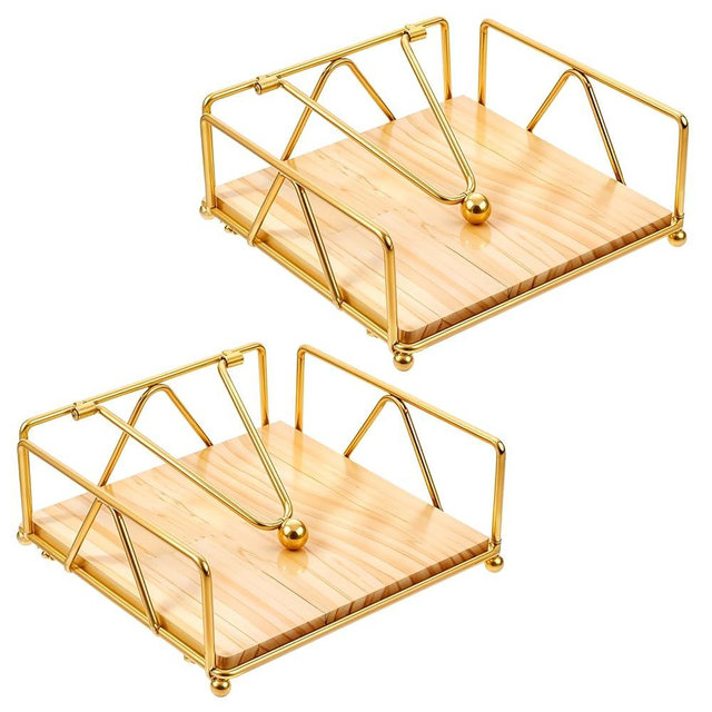 2 Pcs 7×7 inch Metal Gold Napkin Holder for Table with Weight Arm - Flat Paper Napkins Holders for Kitchen Table with Wood Base, Farmhouse Paper Holder Dispenser for Cocktail, Bathroom, Room Decor