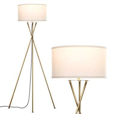 Brightech Jaxon Tripod LED Floor Lamp – Mid Century Modern, Living Room Standing Light – Tall, Contemporary Drum Shade Lamp for Bedroom or Office – Brass/Gold