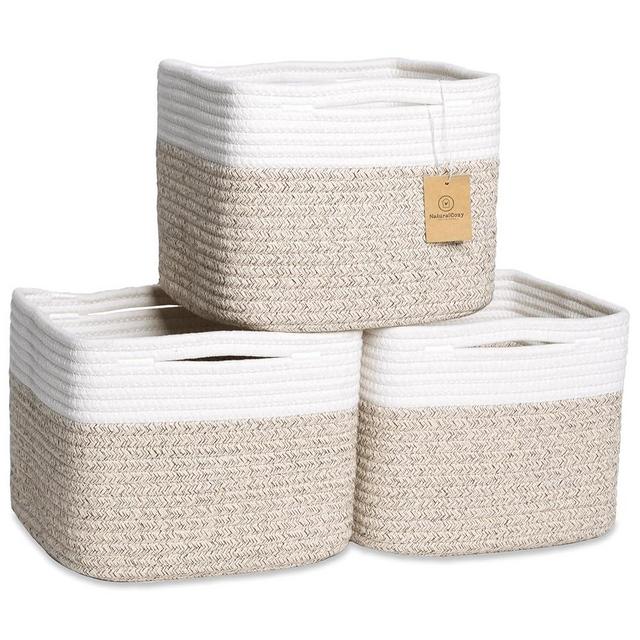 NaturalCozy Storage Cubes 9”x9”x7”Cotton Rope Woven Baskets for Organizing 3-Pack | 9 Inch Cube Storage Bin | Small Basket for Shelf Nursery, Pantry, Decorative Plant, Bathroom Closet, Toy Gift