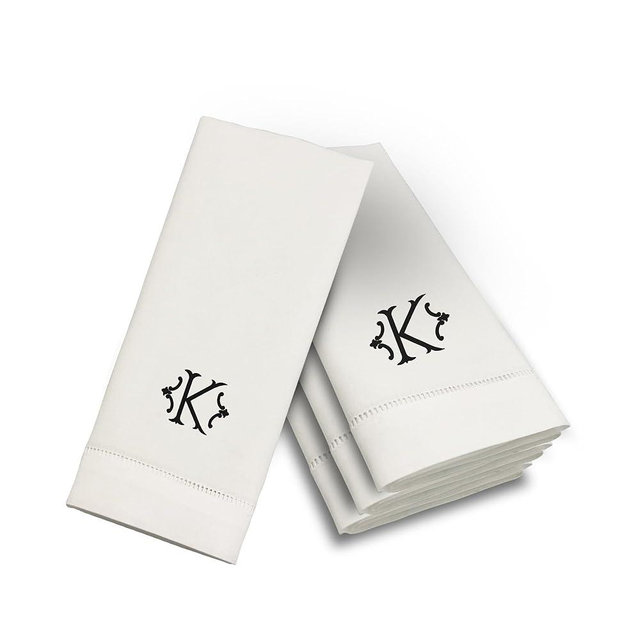 Monogrammed Cotton Party Table Napkins with Embroidery Initial - 4 Pack, 20x20 Inch, Washable, Hemstitch Design, White Elegant Cloth Napkins for Family Dinners, Wedding Parties, Home Décor (K)