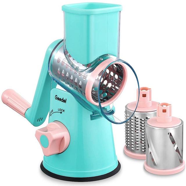 Geedel Rotary Cheese Grater, Kitchen Mandoline Vegetable Slicer with 3 Interchangeable Blades, Easy to Clean Rotary Grater Slicer for Fruit, Vegetables, Nuts