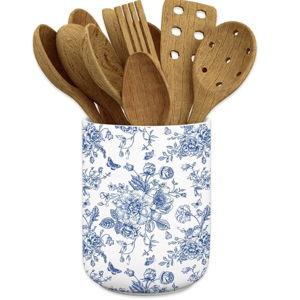 JarThenaAMCS Patriotic Ceramic Utensil Holder 4th of July Blue Chinoiserie Floral Flower Butterfly Utensil Crock for 250th Anniversary Home Kitchen Countertop Storage Organizer Container
