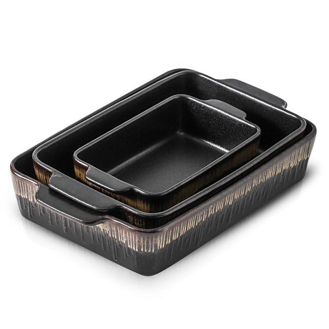 KOOV Bakeware Set, Ceramic Baking Dish, Rectangular Baking Pans Set, Casserole Dish for Cooking, Cake Dinner, Kitchen 9 x 13 Inches, 3-Piece, Stripe Series (Rough Black)