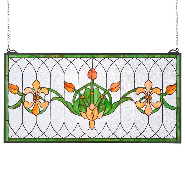 VEVOR Stained Glass Window Panel, 32 x 17 in, Tiffany Style Hanging Transom Window Panel with Chain, Large Horizontal Rectangle Stain Glass, Vintage Traditional Art Handcrafts for Kitchen Home Decor