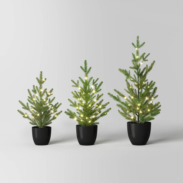 3pc Pre-lit Potted Balsam Fir Mini Artificial Christmas Tree Set Warm White Lights - Wondershop™: LED, Timer, Indoor/Sheltered Outdoor