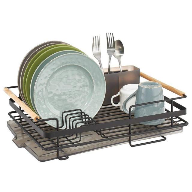 mDesign Large Kitchen Countertop, Sink Dish Drying Rack with Bamboo Wood  Accents - Removable Cutlery Tray & Drainboard with